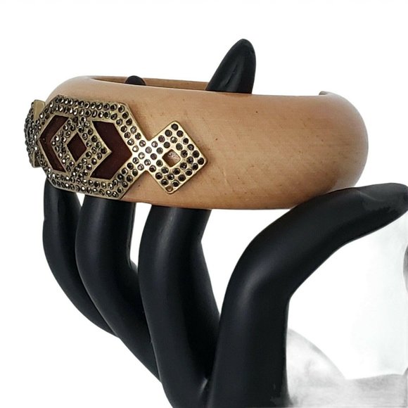 Banana Republic Wood Cuff Bracelet Large Goldtone Studded Accent Opening 1 1/4" - Picture 3 of 8